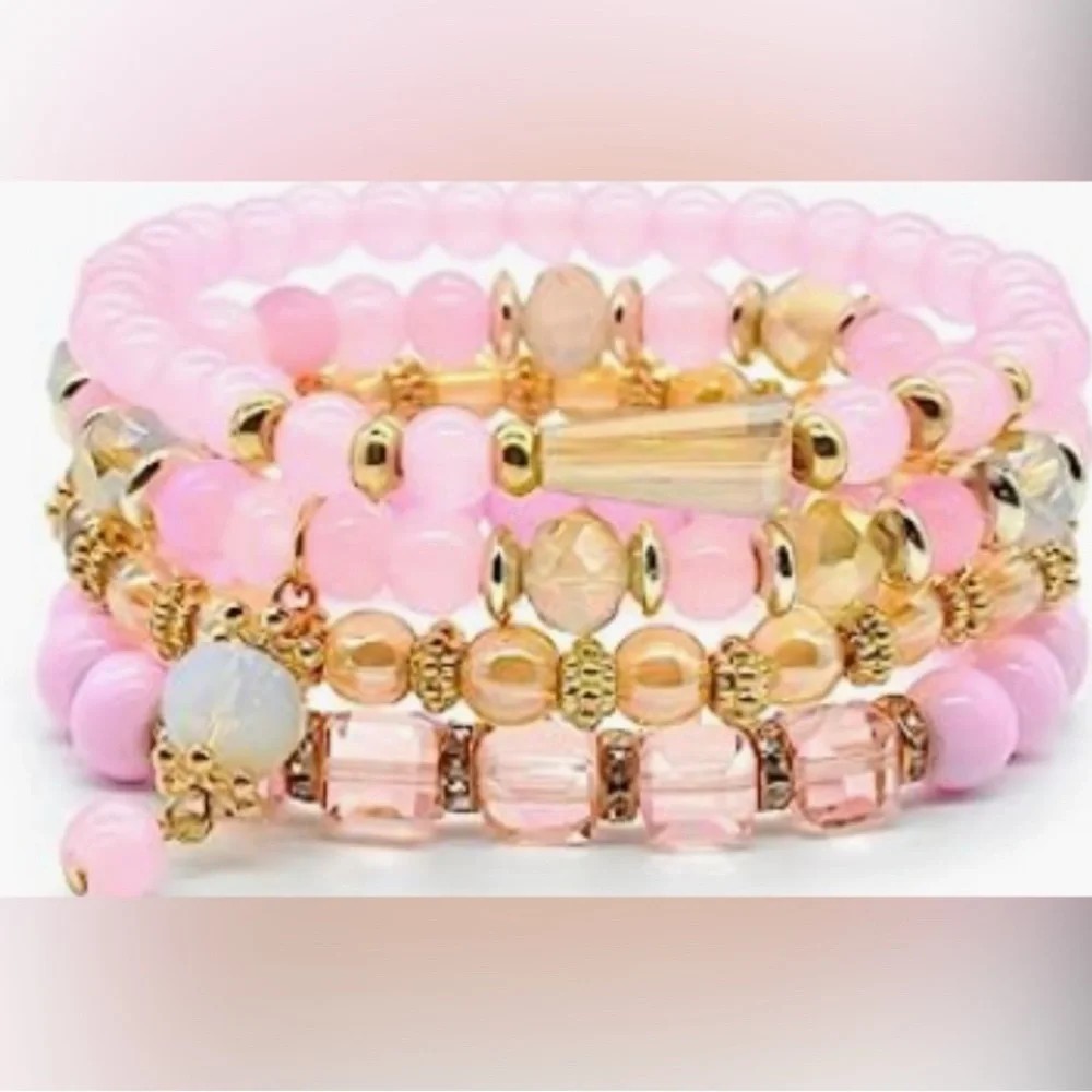 NEW Set of 4 pink beaded bohemian stretchy stackable bracelets